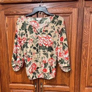 LOFT Beige Floral Blouse with Red and Green Accents